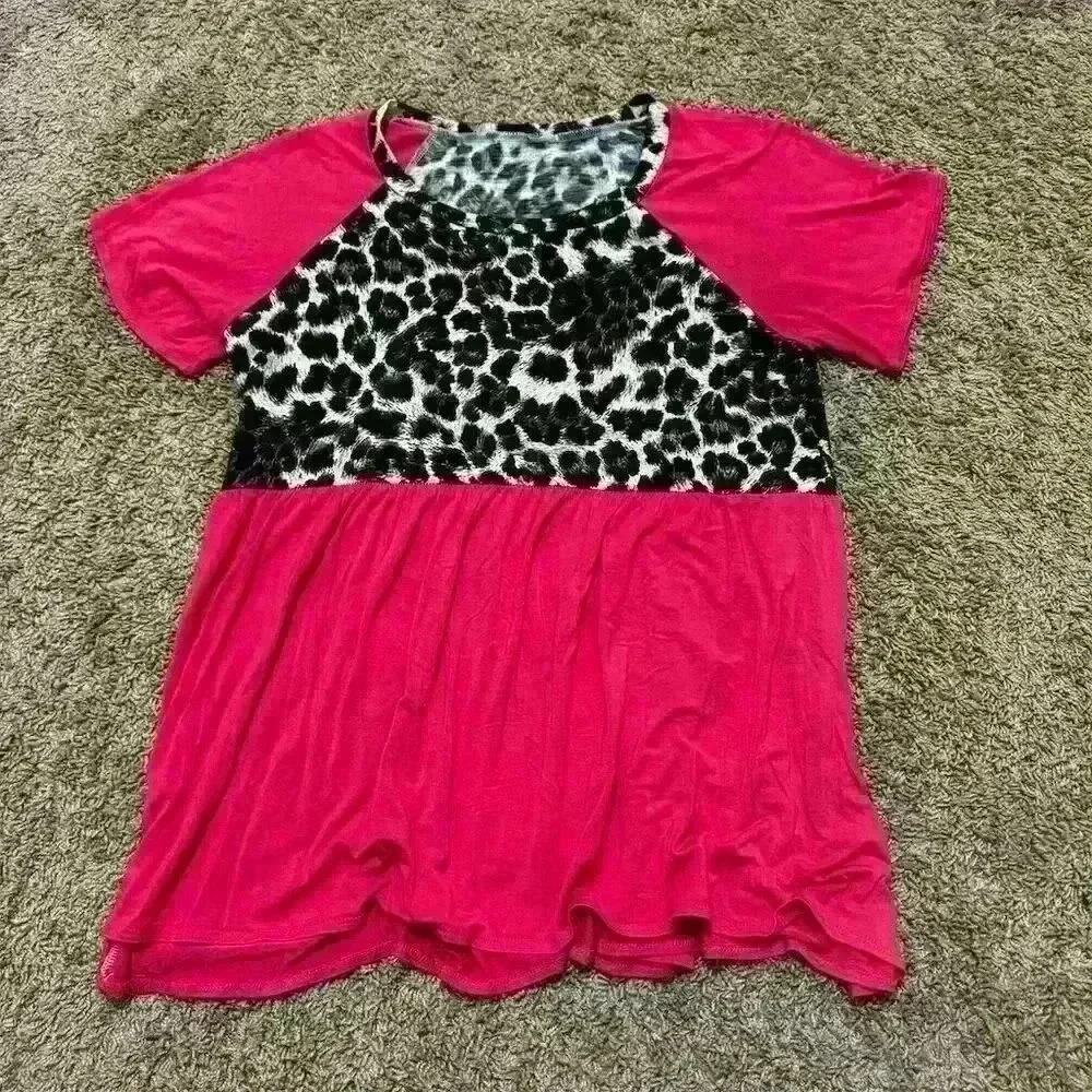 Hot Pink & Leopard Print Babydoll Top Size M Short Sleeve